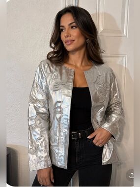 Chico's Metallic Silver Embossed Leather Jacket